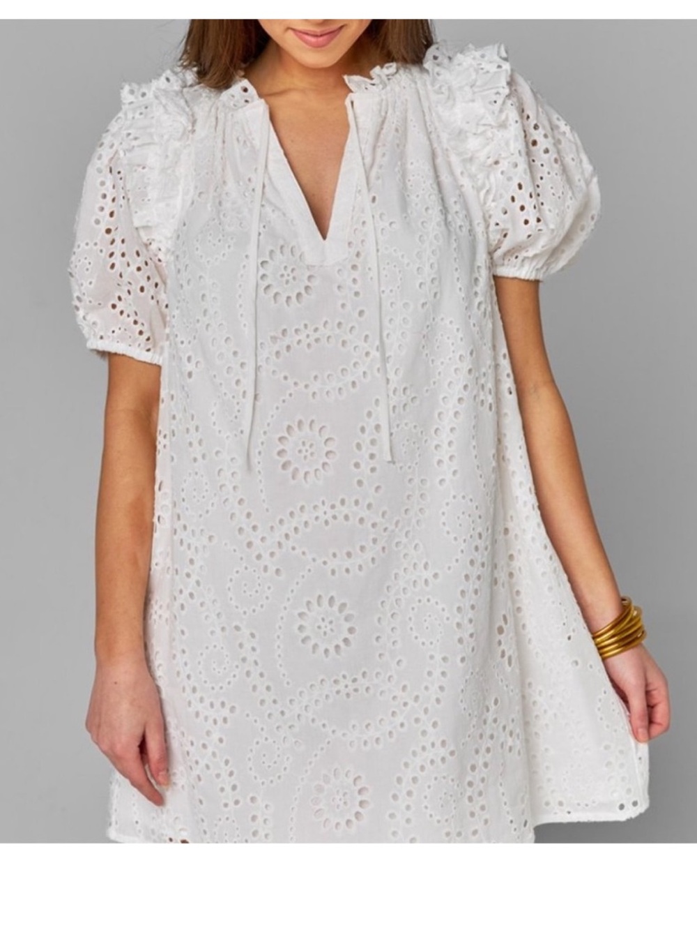 BuddyLove Women’s Large Kelly White Ivory Eyelet Puff Sleeve Mini Dress - Picture 3 of 9